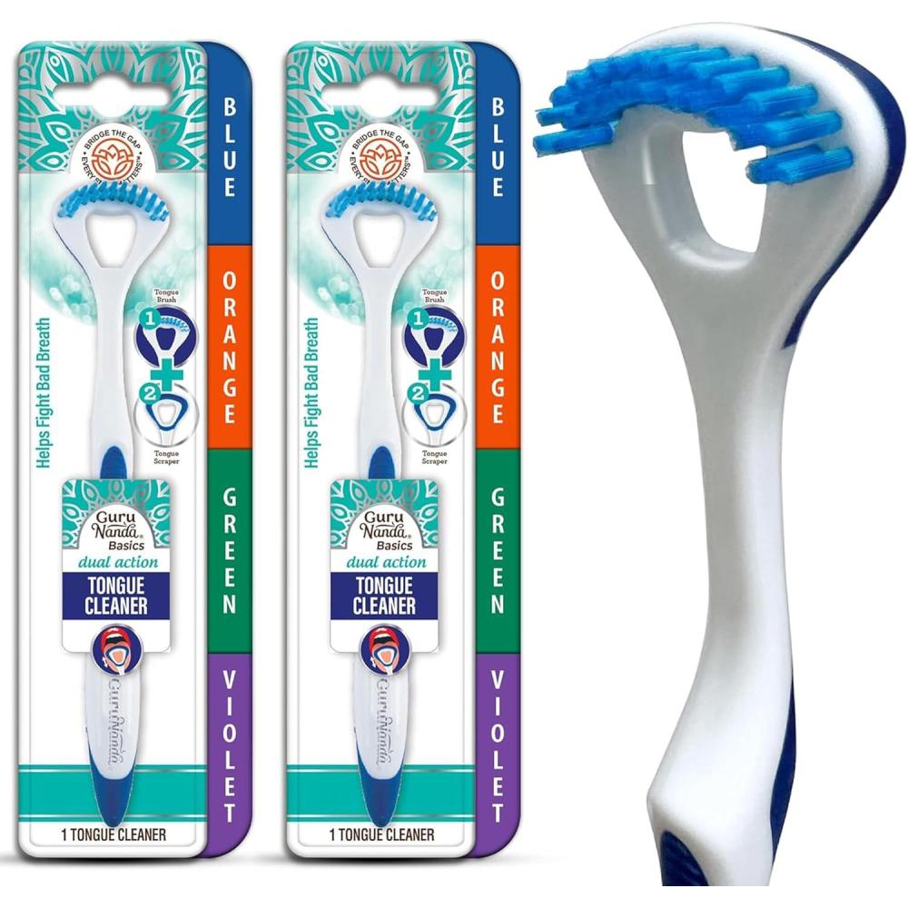 imageGuruNanda Dual Action Tongue Scraper 1 Pack 2in1 Tongue Scraper ampamp Soft Bristled Brush Deep Cleans ampamp Fights Bad Breath  Color Varies1 Count Pack of 2