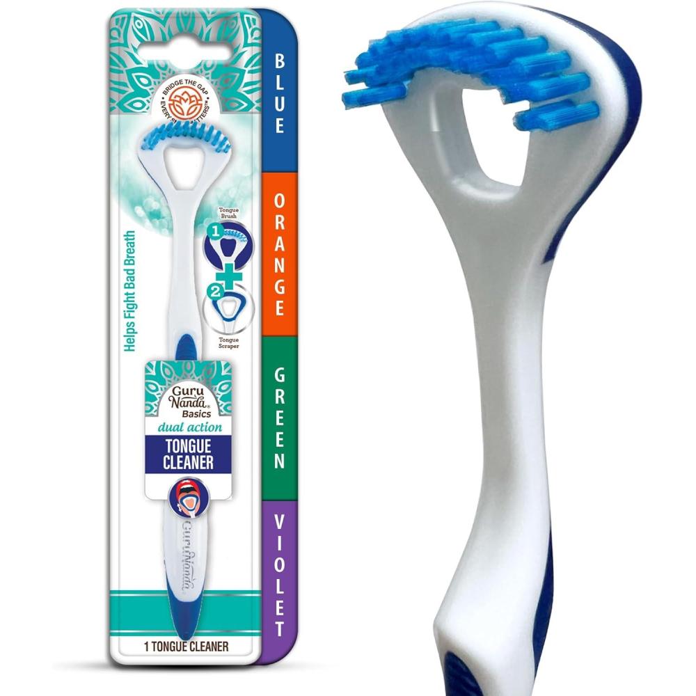 imageGuruNanda Dual Action Tongue Scraper 1 Pack 2in1 Tongue Scraper ampamp Soft Bristled Brush Deep Cleans ampamp Fights Bad Breath Color Varies1 Count Pack of 1