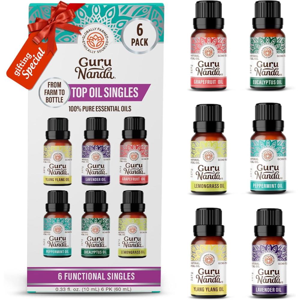 imageGuruNanda Essential Oil Blends Set of 6 Natural Essential Oil Set Aromatherapy Oil Blends for Diffusers Breathe Easy Tranquility Harmony Calming Sleep Relaxation ampamp ThriveSingles EO 6 Pack