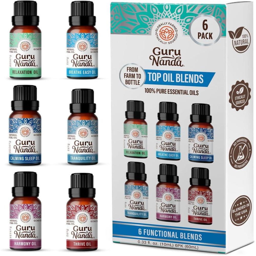 imageGuruNanda Essential Oil Blends Set of 6 Natural Essential Oil Set Aromatherapy Oil Blends for Diffusers Breathe Easy Tranquility Harmony Calming Sleep Relaxation ampamp ThriveBlends EO 6 Pack