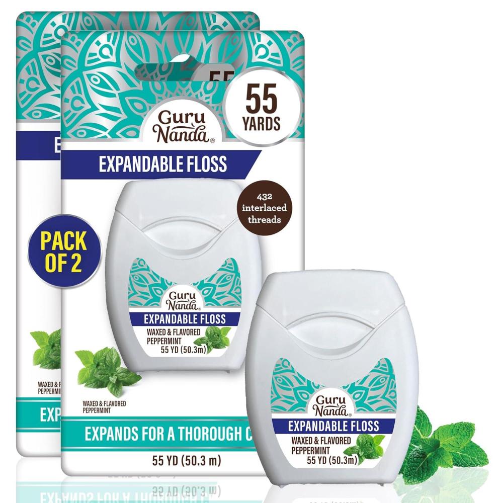 imageGuruNanda Expandable Waxed Dental Floss for Gentle Deep Cleaning Wide Teeth Flossing Peppermint Flavor 55 YardsPeppermint