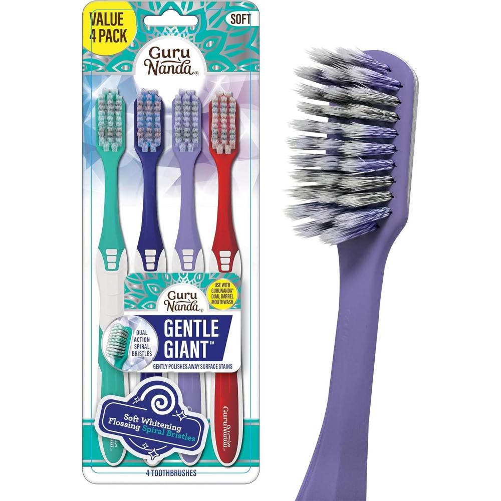 imageGuruNanda Gentle Giant Toothbrush with Dual Action Flossing Spiral Bristles NonSlip Ergo Dexa Grip Helps in Teeth Whitening BPA Free 4 CountWhitening