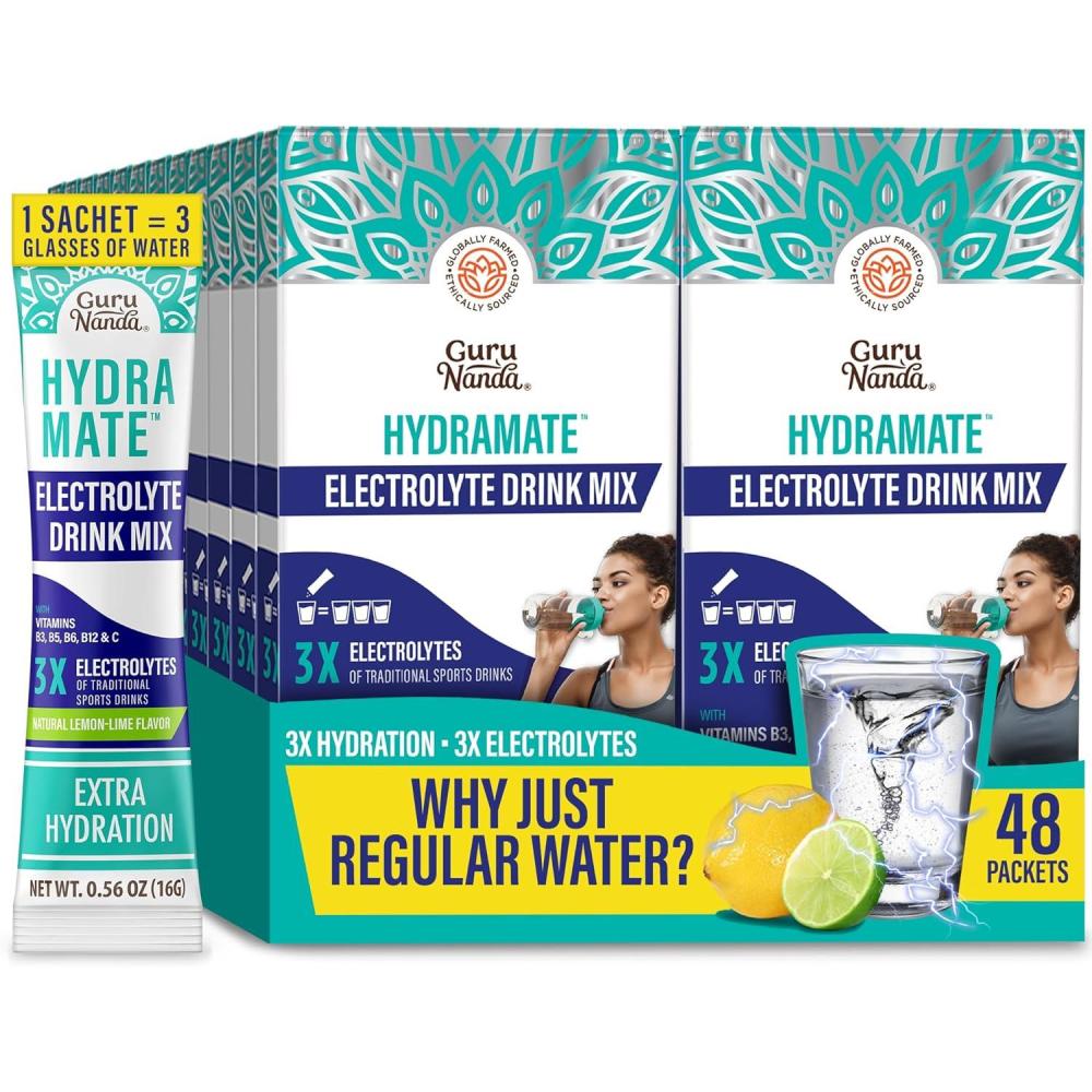 imageGuruNanda Hydramate Hydration Support Drink Mix Electrolyte Powder Packets for Dehydration Exercise ampamp Energy No Added Sweeteners NonGMO Natural Lemon Lime Flavor 12 Count 056 oz Each056 Ounce Pack of 48