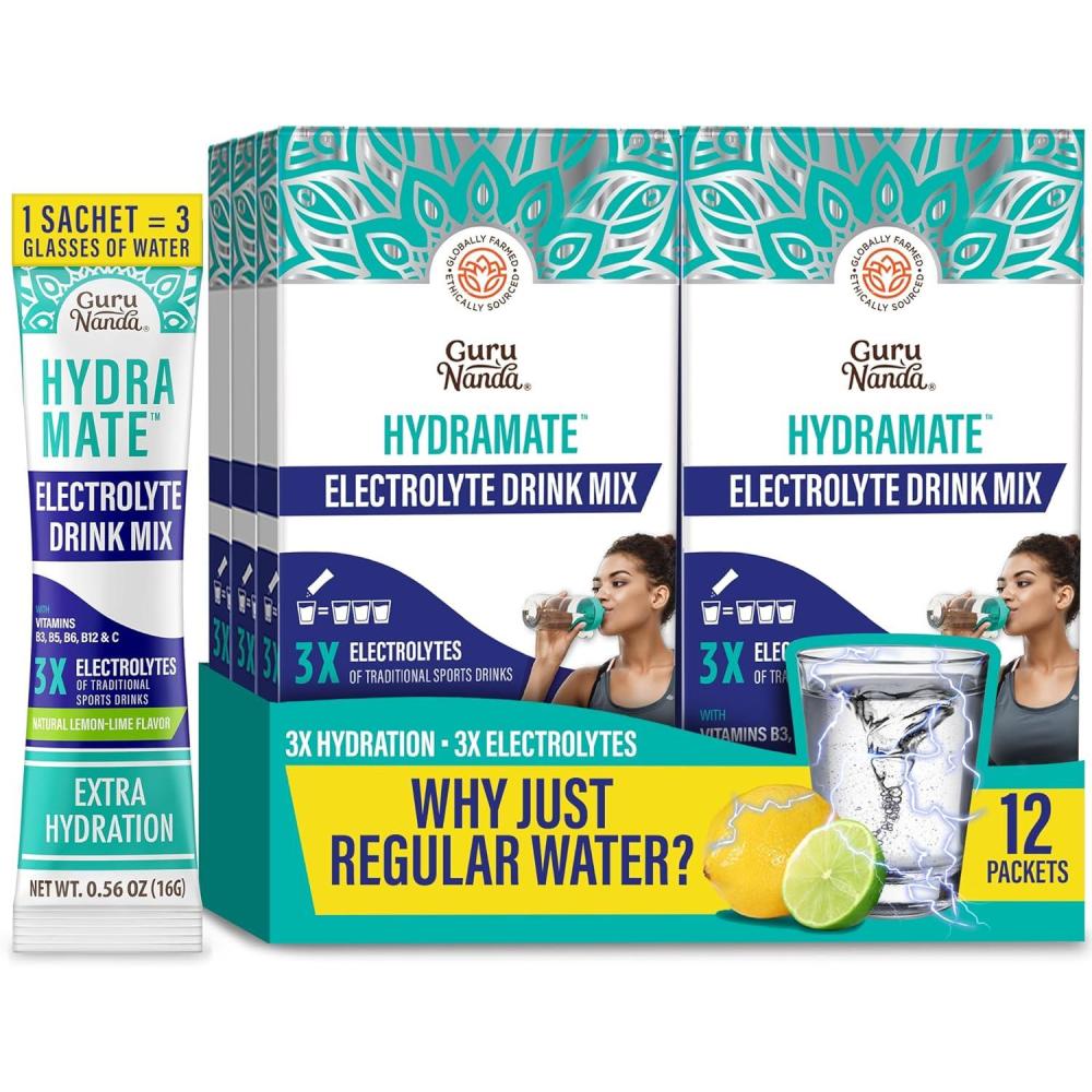 imageGuruNanda Hydramate Hydration Support Drink Mix Electrolyte Powder Packets for Dehydration Exercise ampamp Energy No Added Sweeteners NonGMO Natural Lemon Lime Flavor 12 Count 056 oz Each672 Ounce Pack of 1