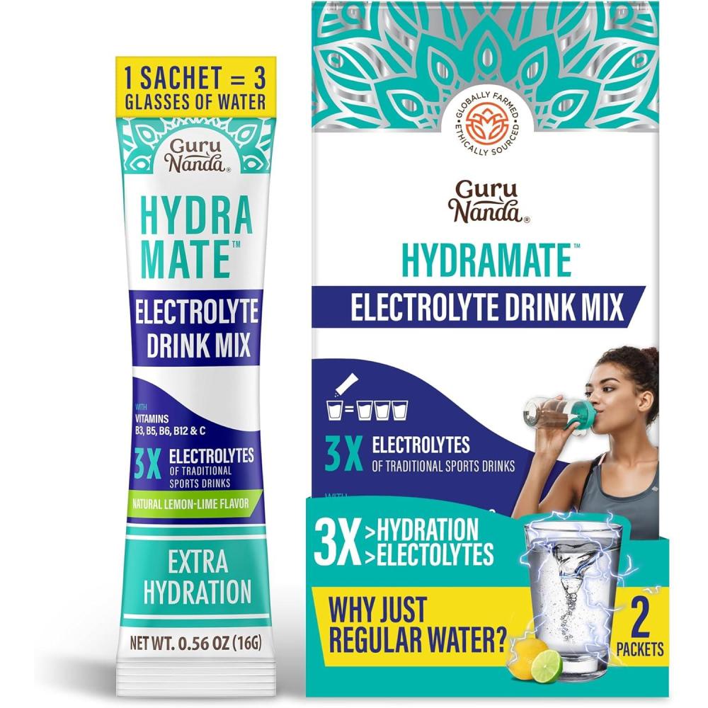 imageGuruNanda Hydramate Hydration Support Drink Mix Electrolyte Powder Packets for Dehydration Exercise ampamp Energy No Added Sweeteners NonGMO Natural Lemon Lime Flavor 12 Count 056 oz Each112 Ounce Pack of 1
