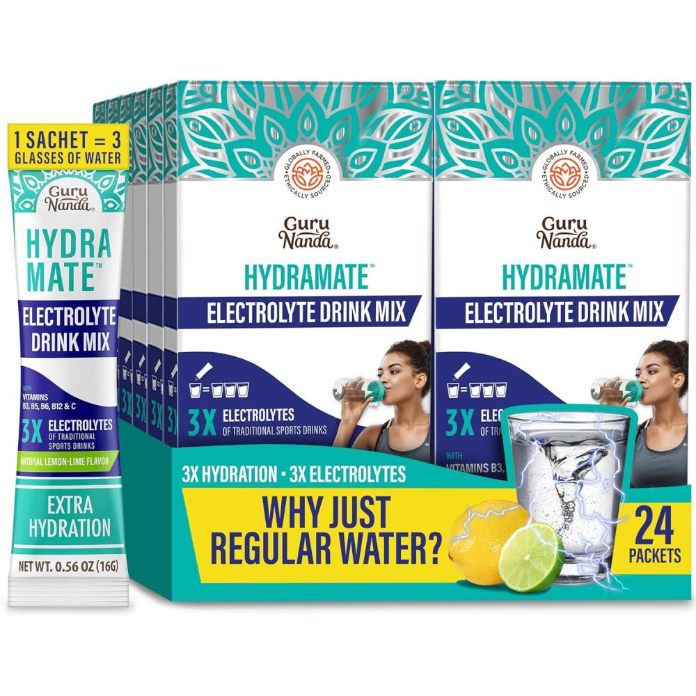 imageGuruNanda Hydramate Hydration Support Drink Mix Electrolyte Powder Packets for Dehydration Exercise ampamp Energy No Added Sweeteners NonGMO Natural Lemon Lime Flavor 12 Count 056 oz Each1344 Ounce Pack of 1