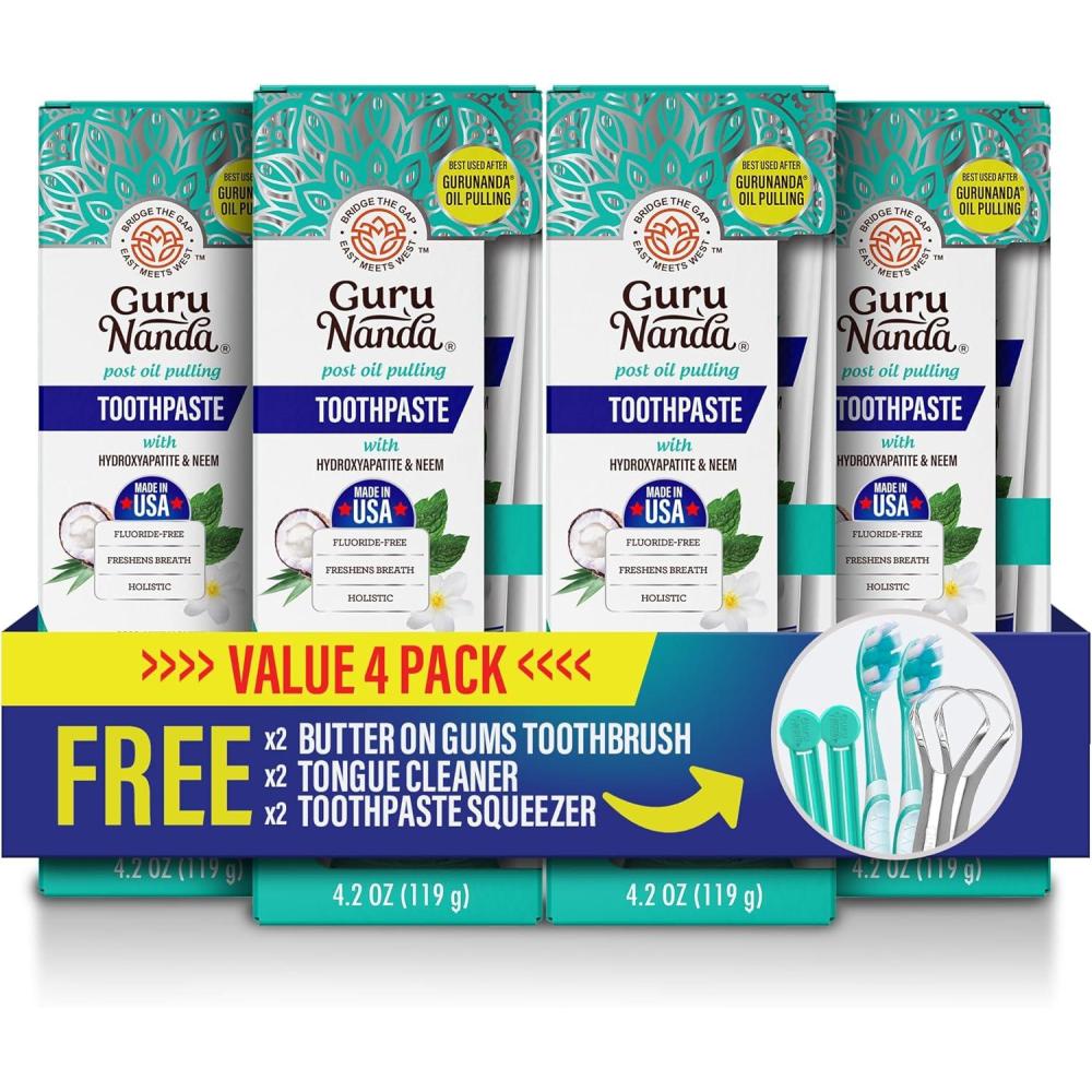 imageGuruNanda Hydroxyapatite Toothpaste SLS ampamp Fluoride Free 4 Pack Whitening Toothpaste  Freshens Breath Fights Plaque  with 2 Toothbrushes 2 Tongue Scrapers ampamp 2 Tube Squeezers42 Ounce Pack of 4