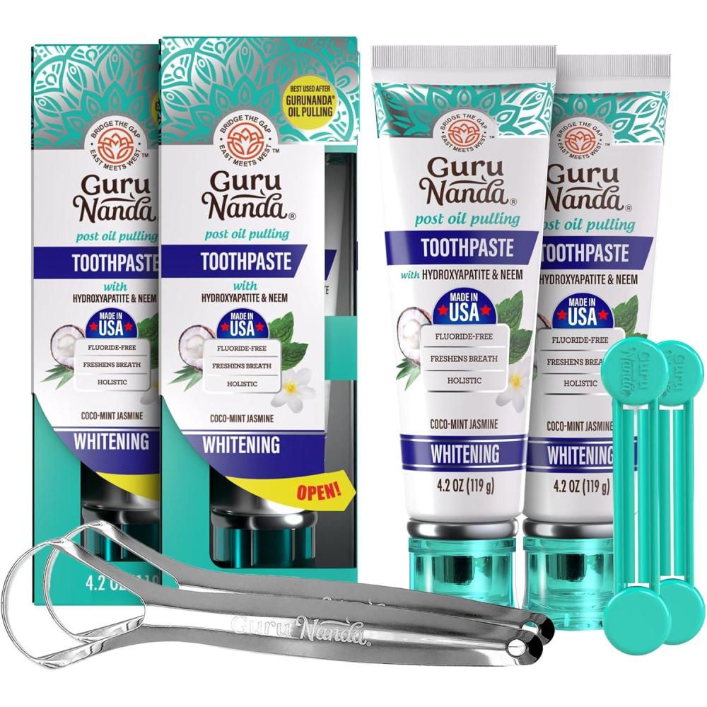 imageGuruNanda Hydroxyapatite Toothpaste SLS ampamp Fluoride Free 4 Pack Whitening Toothpaste Freshens Breath Fights Plaque with 2 Toothbrushes 2 Tongue Scrapers ampamp 2 Tube Squeezers42 Ounce Pack of 2