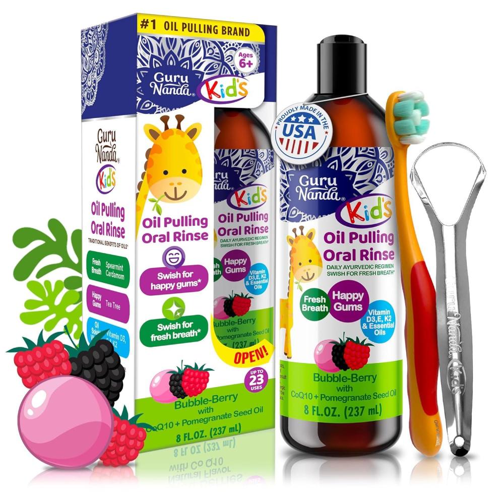 imageGuruNanda Kids Oil Pulling AlcoholFree Mouthwash Essential Oils ampamp Vitamins for Fresh Breath ampamp Happy Gums for Ages 6 ampamp up Natural Bubble Berry 8 Oz