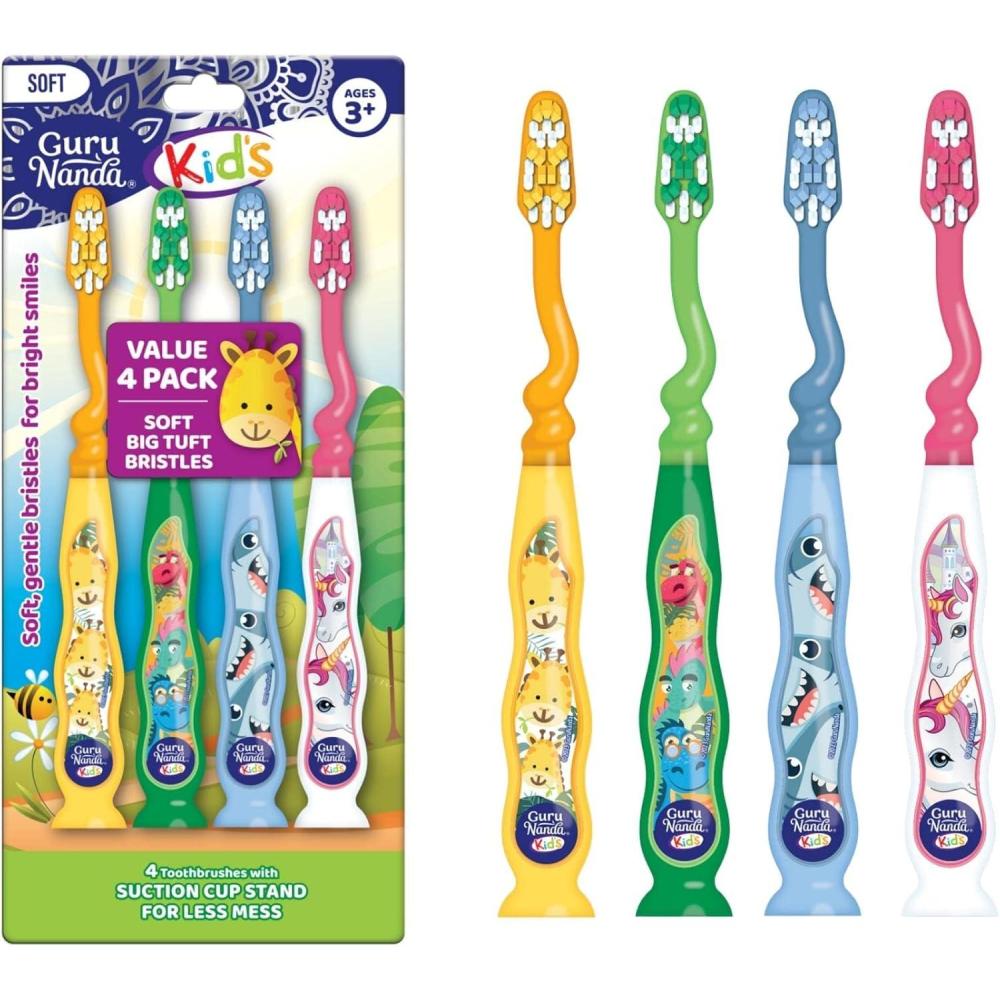 imageGuruNanda Kids Toothbrush with Suction Cup ampamp Fun Animal Designs  Soft Bristles for Healthy Gums NonSlippery ampamp MessFree Toothbrush 3 Age 4 CountSuction Cup Toothbrush