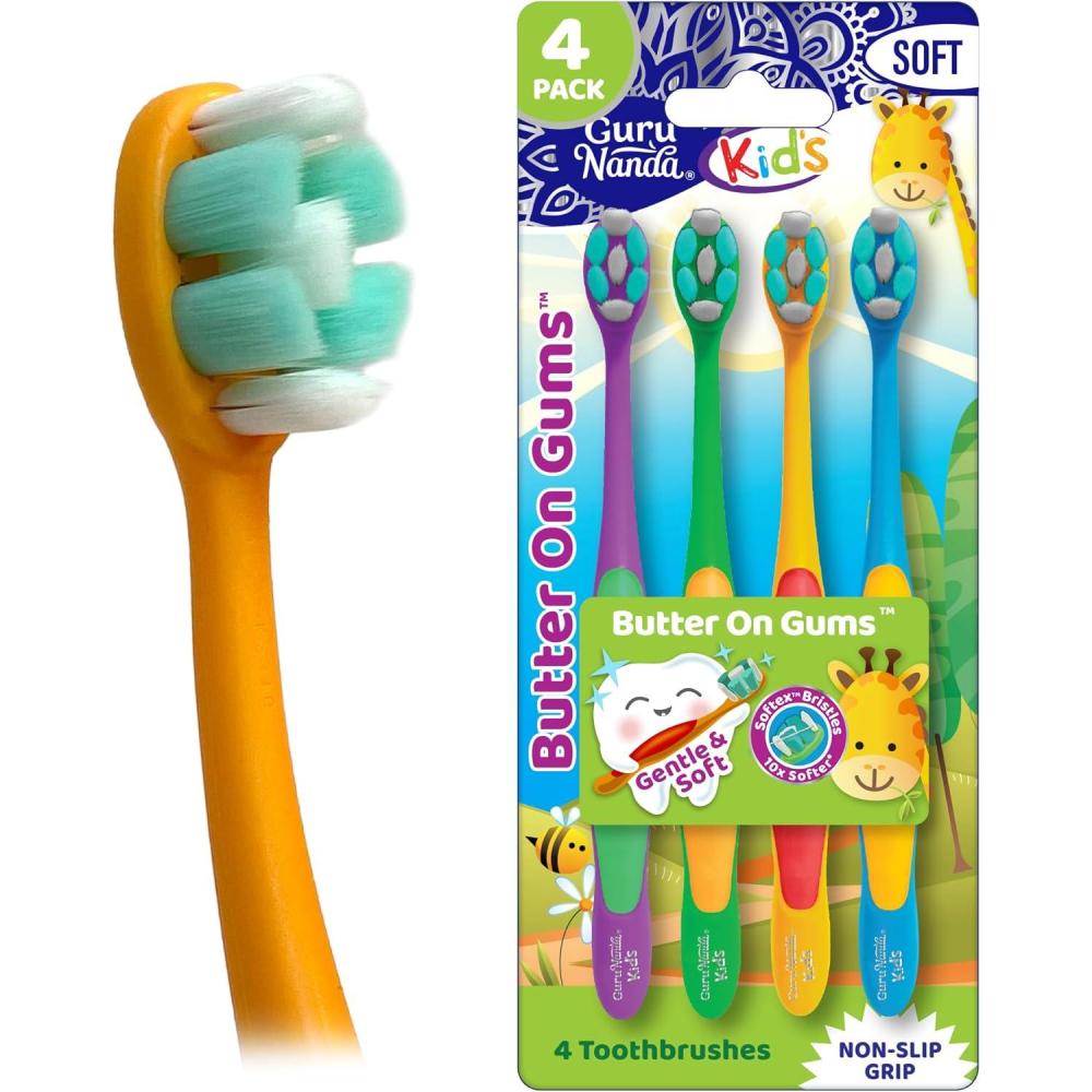 imageGuruNanda Kids Toothbrush with Suction Cup ampamp Fun Animal Designs  Soft Bristles for Healthy Gums NonSlippery ampamp MessFree Toothbrush 3 Age 4 CountButter on Gums Toothbrush