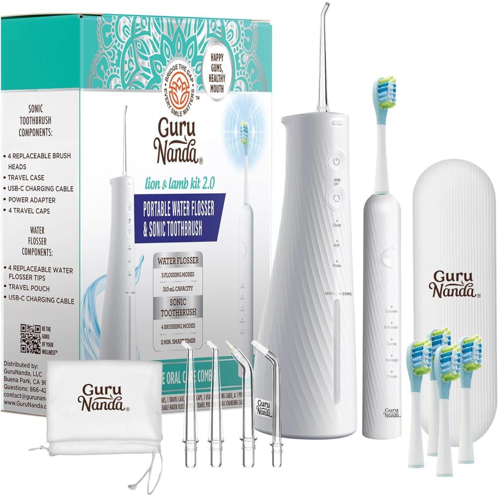imageGuruNanda Lion ampamp Lamb Kit 20 Electric Toothbrush with Water Flosser Combo 4 Jet Tips 4 Brush Heads ampamp IPX7 Waterproof Design for Complete Oral Care LavenderWhite