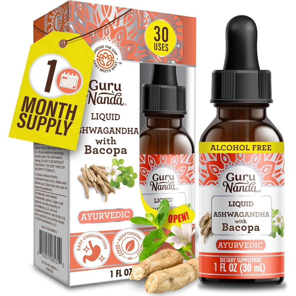 imageGuruNanda Liquid Ashwagandha with Bacopa 1 Fl Oz  Natural Dietary Supplement Liquid Extract Drops  for Men ampamp Women Vegan ampamp AlcoholFree  Aids in Immune Focus ampamp Relaxation Support