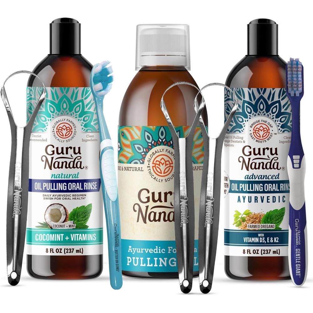 imageGuruNanda Oil Pulling Bundle with CocoMint 7 Essential Oils 8 Fl Oz Original 845 Fl Oz ampamp Advanced 8 Fl Oz Ayurvedic Blend for Happy Teeth ampamp Gums