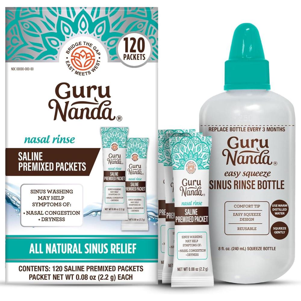 imageGuruNanda Sinus Rinse Bottle ampamp Saline Premixed Packets 120ct All Natural Sinus Rinse Packets to Help with Allergies ampamp Congestion Relief 008oz Each120 Count Sinus Rinse Bottle