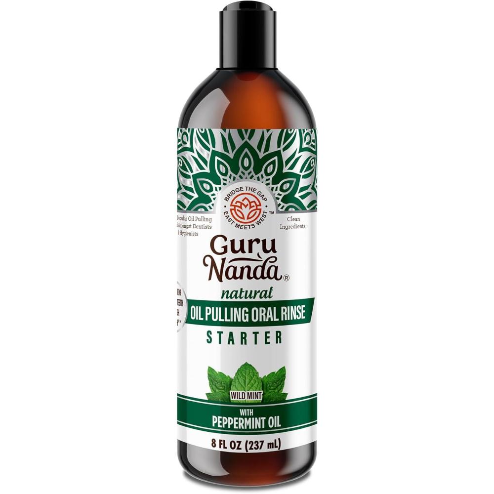 imageGuruNanda Starter Pulling Oil Mouthwash for Natural Teeth Whitening Coconut and Peppermint Oil for Fresh Breath ampamp Happy Gums AlcoholFree 8 Oz