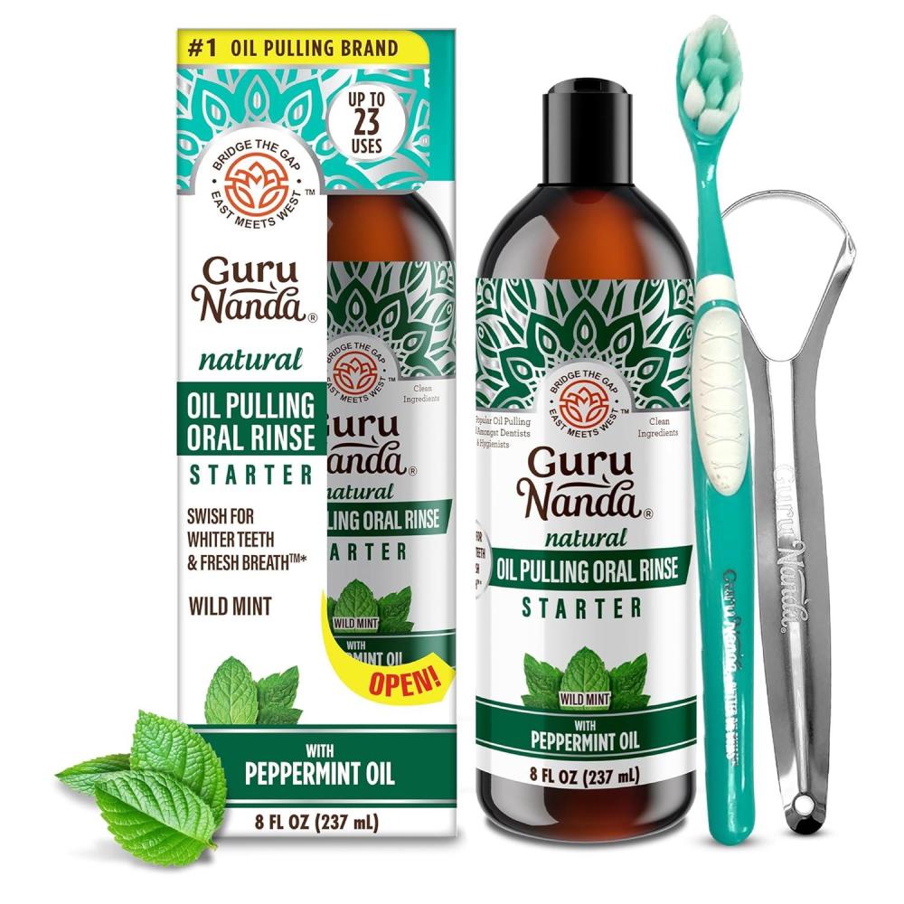 imageGuruNanda Starter Pulling Oil Mouthwash for Natural Teeth Whitening Coconut and Peppermint Oil for Fresh Breath ampamp Happy Gums with Toothbrush ampamp Tongue Scraper AlcoholFree 8 Oz8 Fl Oz Pack of 1