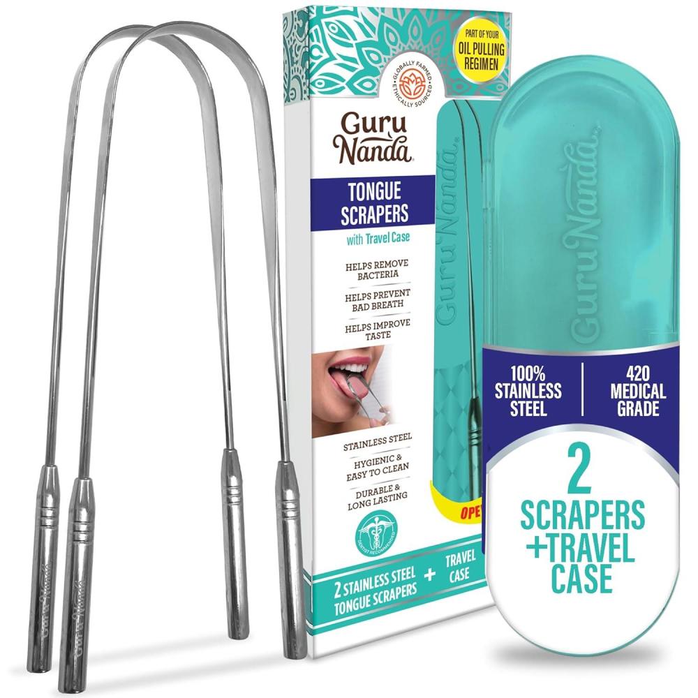imageGuruNanda Tongue Scraper for Adults 2 Pack with Travel Case 420 MedicalGrade 100 Stainless Steel Tongue Cleaner Aids in Fresh Breath ampamp Oral CarePack of 2  U Shaped