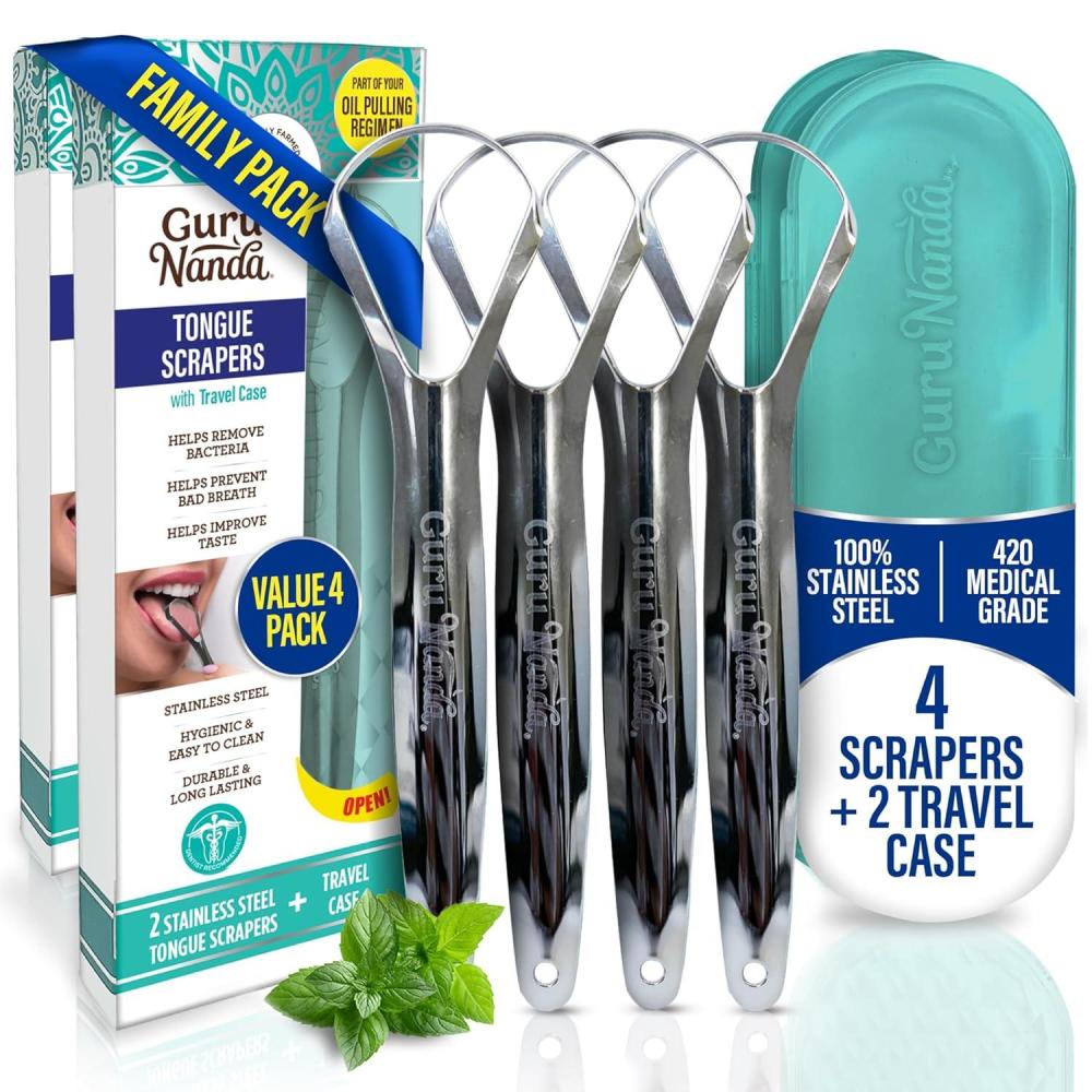 imageGuruNanda Tongue Scraper for Adults 2 Pack with Travel Case 420 MedicalGrade 100 Stainless Steel Tongue Cleaner Aids in Fresh Breath ampamp Oral CarePack of 4  Spoon Shaped