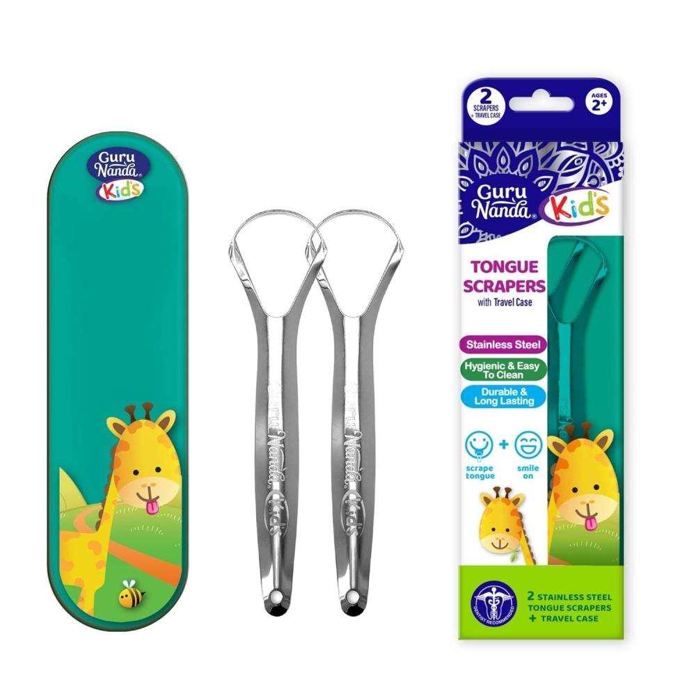 imageGuruNanda Tongue Scraper for Adults 2 Pack with Travel Case 420 MedicalGrade 100 Stainless Steel Tongue Cleaner Aids in Fresh Breath ampamp Oral CarePack of 2  Kids Spoon Shaped