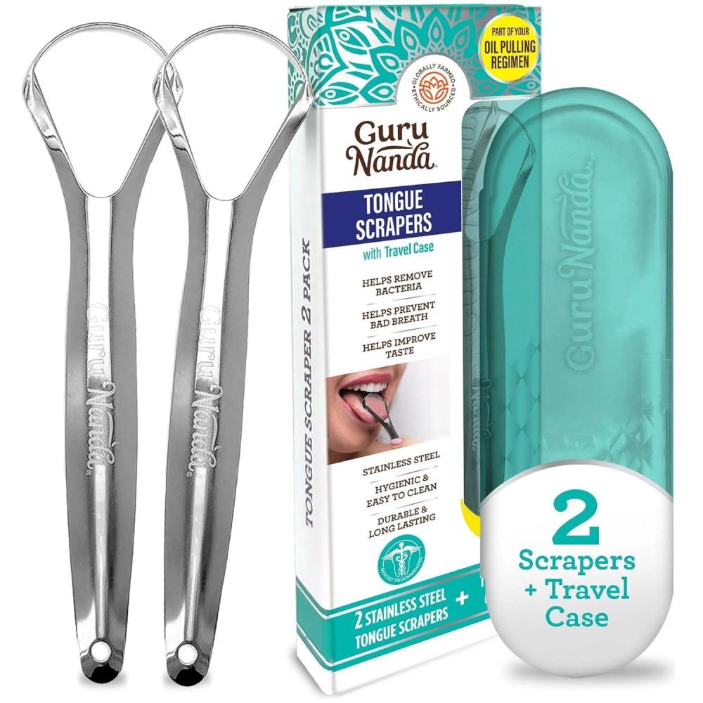 imageGuruNanda Tongue Scraper for Adults 2 Pack with Travel Case 420 MedicalGrade 100 Stainless Steel Tongue Cleaner Aids in Fresh Breath ampamp Oral CarePack of 2  Spoon Shaped