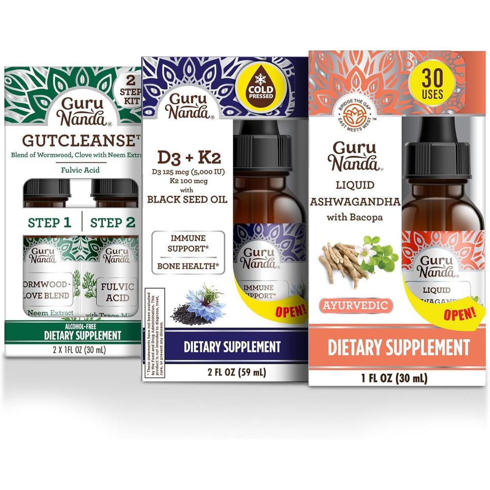 imageGuruNanda Total Wellness Boost with Liquid Ashwagandha Black Seed Oil ampamp GutCleanse Helps with Immunity and Mind Care