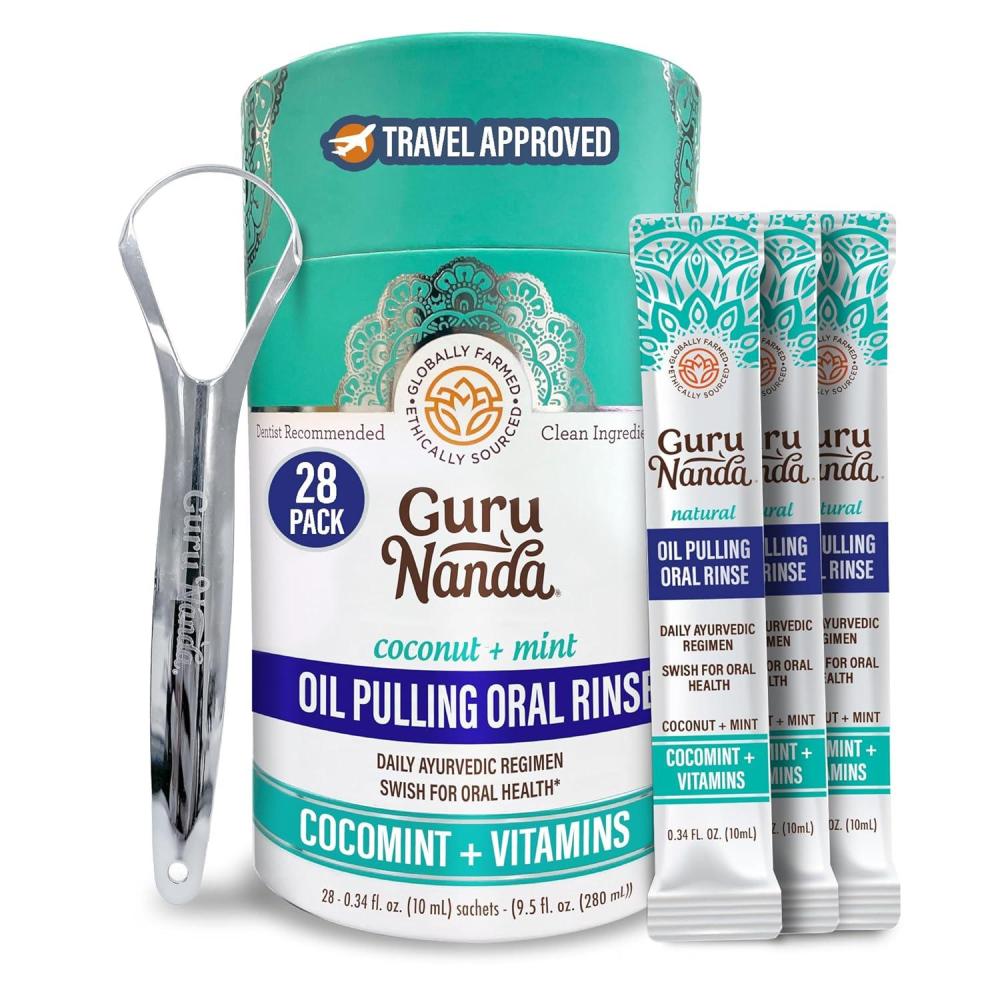 imageGuruNanda Travel Sachets Coconut Oil Pulling Fresh Breath Mouthwash 7 Essential Oils ampamp Vitamins for Happy Teeth ampamp Gums 7 Sachets04 Fl Oz Pack of 28