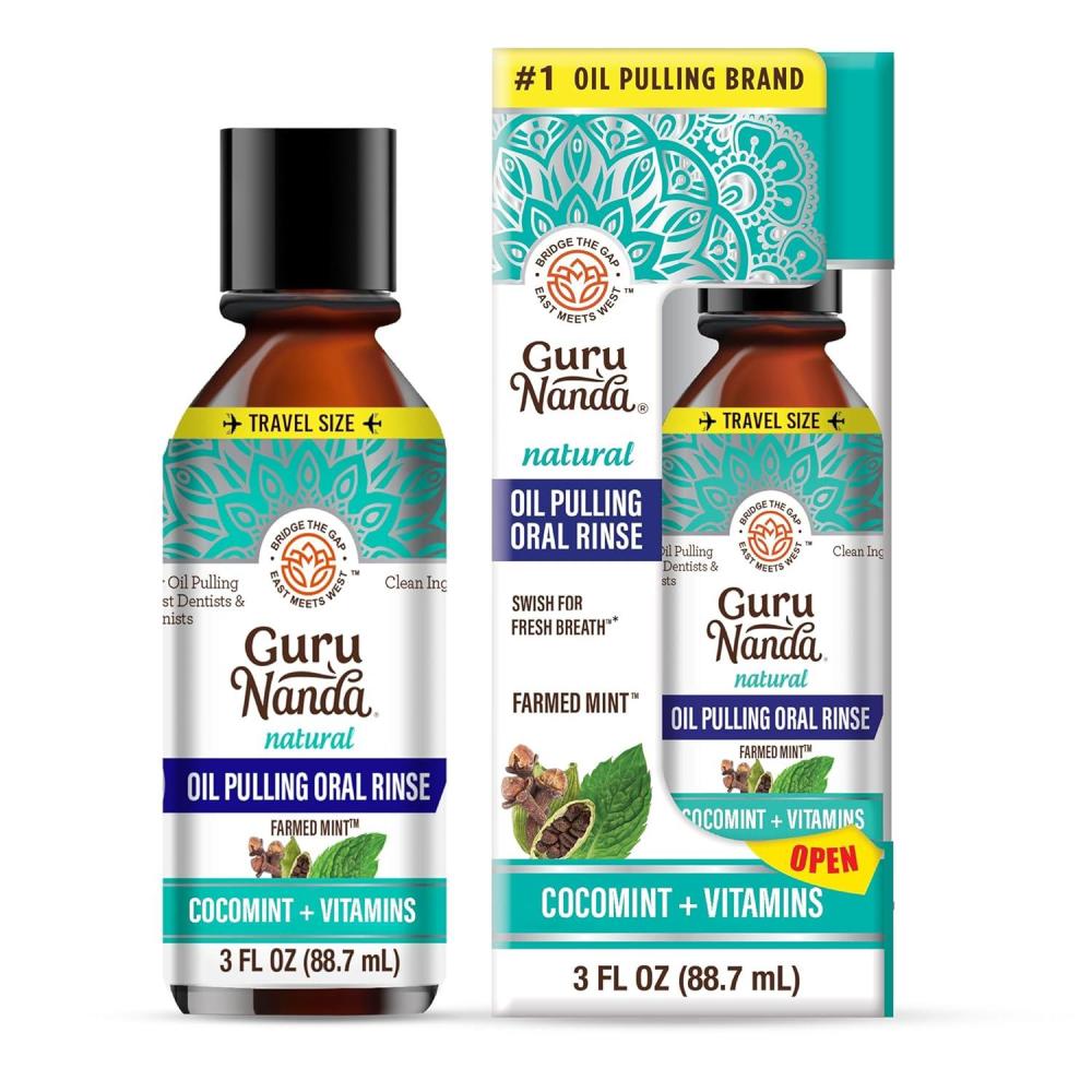 imageGuruNanda Travel Size CocoMint Oil Pulling Mouthwash 7 Essential Oils ampamp Vitamins Promotes Fresh Breath ampamp Happy Gums No Alcohol ampamp Fluoride 3 ozCocomintVitamins
