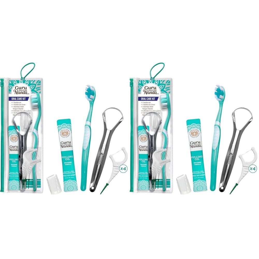 imageGuruNanda TravelFriendly Oral Care Kit 1 Butter on Gums Toothbrush 1 Tongue Scraper 4 DualAction Floss Picks 1 Coconut ampamp Mint Oil Pulling SachetTeal