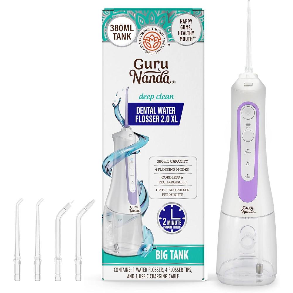 imageGuruNanda Water Dental Flosser 20 XL 380ML Large Tank 4 Flossing Modes Cordless ampamp Portable with Smart Timer for Deep Cleaning ampamp Happy Gums WhiteLavender