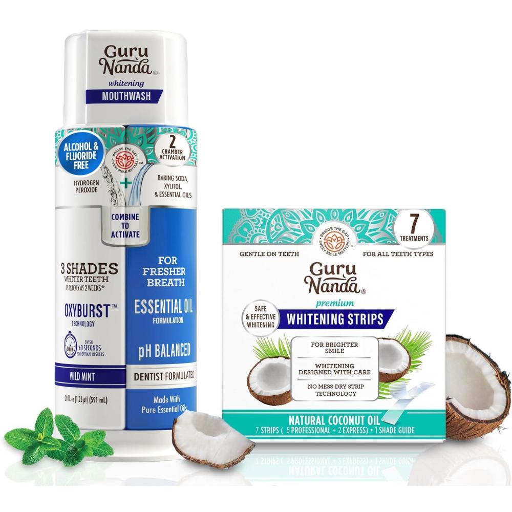 imageGuruNanda Whitening Wonder Duo Dual Barrel Oxyburst Whitening Mouthwash 20 Oz ampamp Teeth Whitening Strips with No Slip Dry Strip Tech 7 Day Treatments
