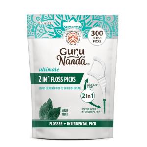 GuruNanda 2 in 1 Dental Floss Picks – Non-Slip Grip Handle, Slide Easy, No Break or Shred Flosser – Complete Oral Care with Interdental Pick for Healthy Teeth & Gums – Mint Flavor, 300 Count (1 Pack)(300 Count (Pack of 1))