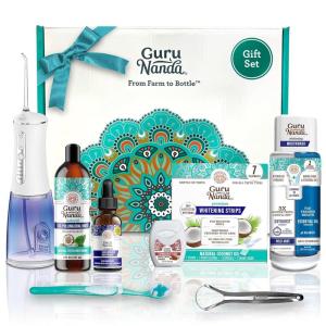 GuruNanda 7-Step Regimen 1.0 – Oil Pulling, Toothbrush, Tongue Scraper, Floss, Water Flosser, Mouthwash, Whitening Strips for Complete Oral Care (Pack of 8)