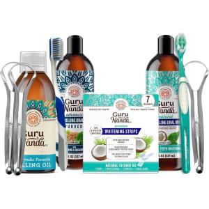 GuruNanda Advanced Formula Oil Pulling with Tongue Scraper, Original Oil Pulling, Mickey D’s Coconut and Peppermint Oil Pulling & Express Whitening Strips- for Fresh Breath & Healthy Teeth & Gums
