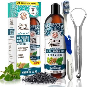 GuruNanda Advanced Oil Pulling Mouthwash for Enhanced Oral Care with Sesame & Oregano Oil, Promotes Deep Cleaning for Healthy Teeth & Gums, with Toothbrush and Tongue Scraper, Alcohol-Free, 8 Oz(8 Fl Oz (Pack of 1 ))