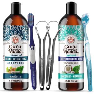 GuruNanda Advanced Oil Pulling & Coconut Oil Pulling Bundle with Toothbrush, Tongue Scraper – for Happy Teeth & Gums & Bad Breath