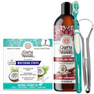 GuruNanda Ashwagandha Oil Pulling (8 Fl Oz) – 100% Pure Blend of Coconut with Essential Oils & Vitamins and Teeth Whitening Strips (7 Treatments)