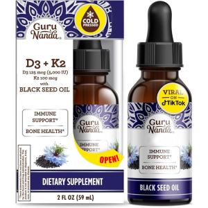 GuruNanda Black Seed Oil, Cold-Pressed Nigella Sativa – Rich in Vitamin D3 5000 Units, K2 & E, High Thymoquinone | Potent Antioxidant for Immune Support, Non-GMO, 2 Fl.oz(Seed Oil)
