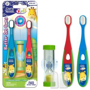 GuruNanda Butter on Gums Toddler Toothbrush with Sand Timer, Extra Soft Bristles for Kids Age 2+, Toothbrush with Tongue Cleaner & Brush Cap (2 Pack)(Toddler Toothbrush)
