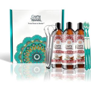 GuruNanda Cinnamon Oil Pulling Mouthwash, Promotes Calmness, with Neem & Ashwagandha for Fresh Breath & Happy Gums, Alcohol-Free, with Toothbrush & Tongue Scraper, 8 Oz(8 Fl Oz (Pack of 3))