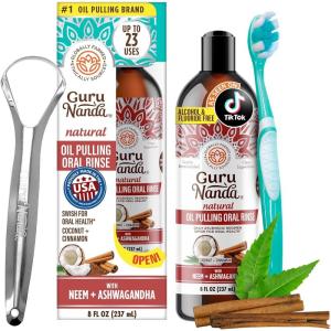 GuruNanda Cinnamon Oil Pulling Mouthwash, Promotes Calmness, with Neem & Ashwagandha for Fresh Breath & Happy Gums, Alcohol-Free, with Toothbrush & Tongue Scraper, 8 Oz(8 Fl Oz (Pack of 1))