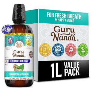GuruNanda CocoMint Oil Pulling Mouthwash for Complete Oral Hygiene, 7 Essential Oils & Vitamins for Happy Teeth & Gums & Fresh Breath, Alcohol-Free, 16 oz(33.8 Fl Oz)