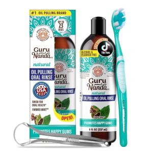 GuruNanda CocoMint Oil Pulling Mouthwash for Complete Oral Hygiene, 7 Essential Oils & Vitamins for Happy Teeth & Gums & Fresh Breath, Alcohol-Free, 16 oz(8 Fl Oz (Pack of 1))