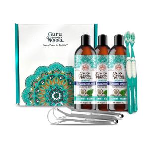 GuruNanda CocoMint Oil Pulling Mouthwash for Complete Oral Hygiene, 7 Essential Oils & Vitamins for Happy Teeth & Gums & Fresh Breath, Alcohol-Free, 16 oz(8 Fl Oz (Pack of 3))