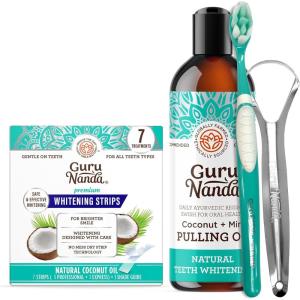 GuruNanda Coconut Oil Dental Care: Whitening Strips + Oil Pulling – Helps Brighten Teeth, Freshen Breath, Healthy Gums – 14 Strips + 8oz for Complete Oral Care