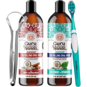 GuruNanda Coconut Oil Pulling and Ashwagandha Oil Pulling, Promotes Fresh Breath and Happy Gums, 7 Essential Oils & Vitamins for Healthy Teeth & Gums, Alcohol-Free