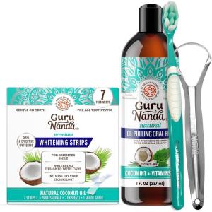 GuruNanda Coconut & Mint Oil Pulling with Tongue Scraper & Teeth Whitening Strips – 7 Treatments with 14 Strips – Enamel-Safe Strips for Sensitive Teeth