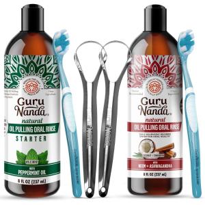 GuruNanda Coconut & Peppermint Oil Pulling (8 Fl.Oz) and Ashwagandha Oil Pulling (8 Fl Oz), Alcohol Free Whitening Mouthwash for Fresh Breath & Whiter Teeth