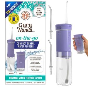 GuruNanda Compact Water Dental Flosser, Portable Travel Size Oral Irrigator Flosser with Collapsible 180 ml Tank, Smart Timer, 4 Flossing Modes, TSA-Approved – Black(Lavender)