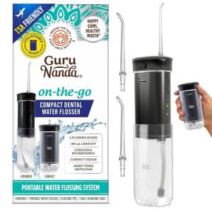 GuruNanda Compact Water Dental Flosser, Portable Travel Size Oral Irrigator Flosser with Collapsible 180 ml Tank, Smart Timer, 4 Flossing Modes, TSA-Approved – Black(Black)